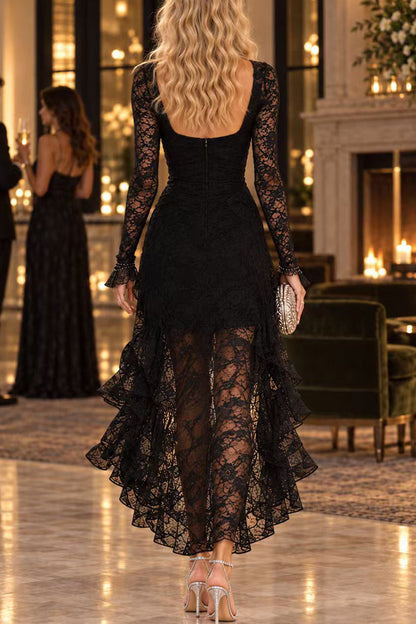 Long Sleeve High-Low Ruffle Hem Lace Dress