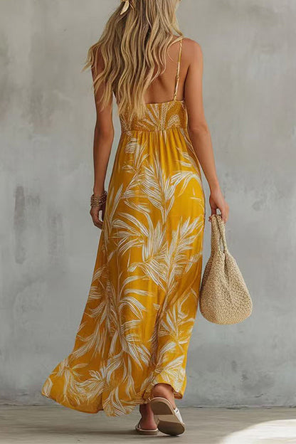 Spaghetti Strap V Neck Printed Chiffon Maxi Dress