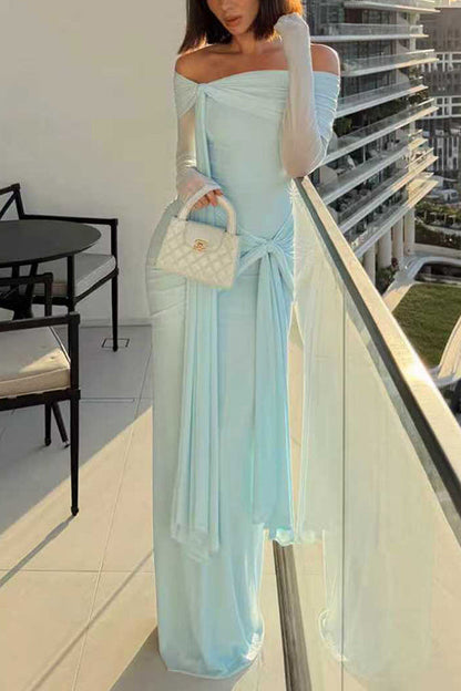 Off Shoulder Long Sleeves Knot Waist Draped Maxi Dress