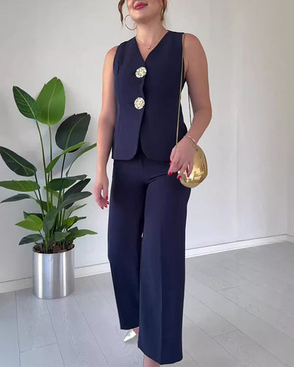 Clidress Big Gold Button Vest & City Pants 2 Pieces Set Suit(12 Colors)