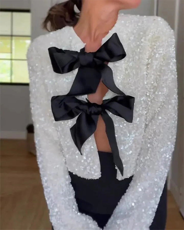 Clidress Sequin Bowknot Close 2 Way Style Jacket
