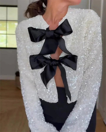 Clidress Sequin Bowknot Close 2 Way Style Jacket