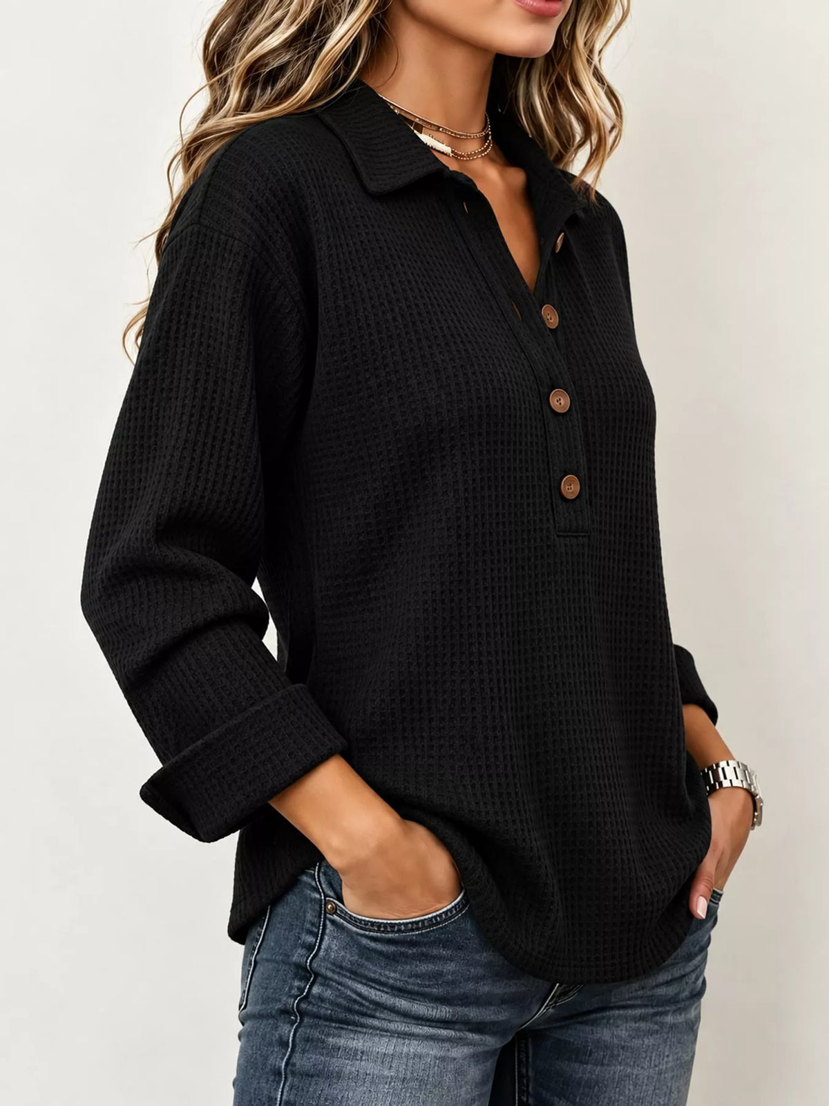 Full Size Waffle Knit Long Sleeve Polo Top Plus Size