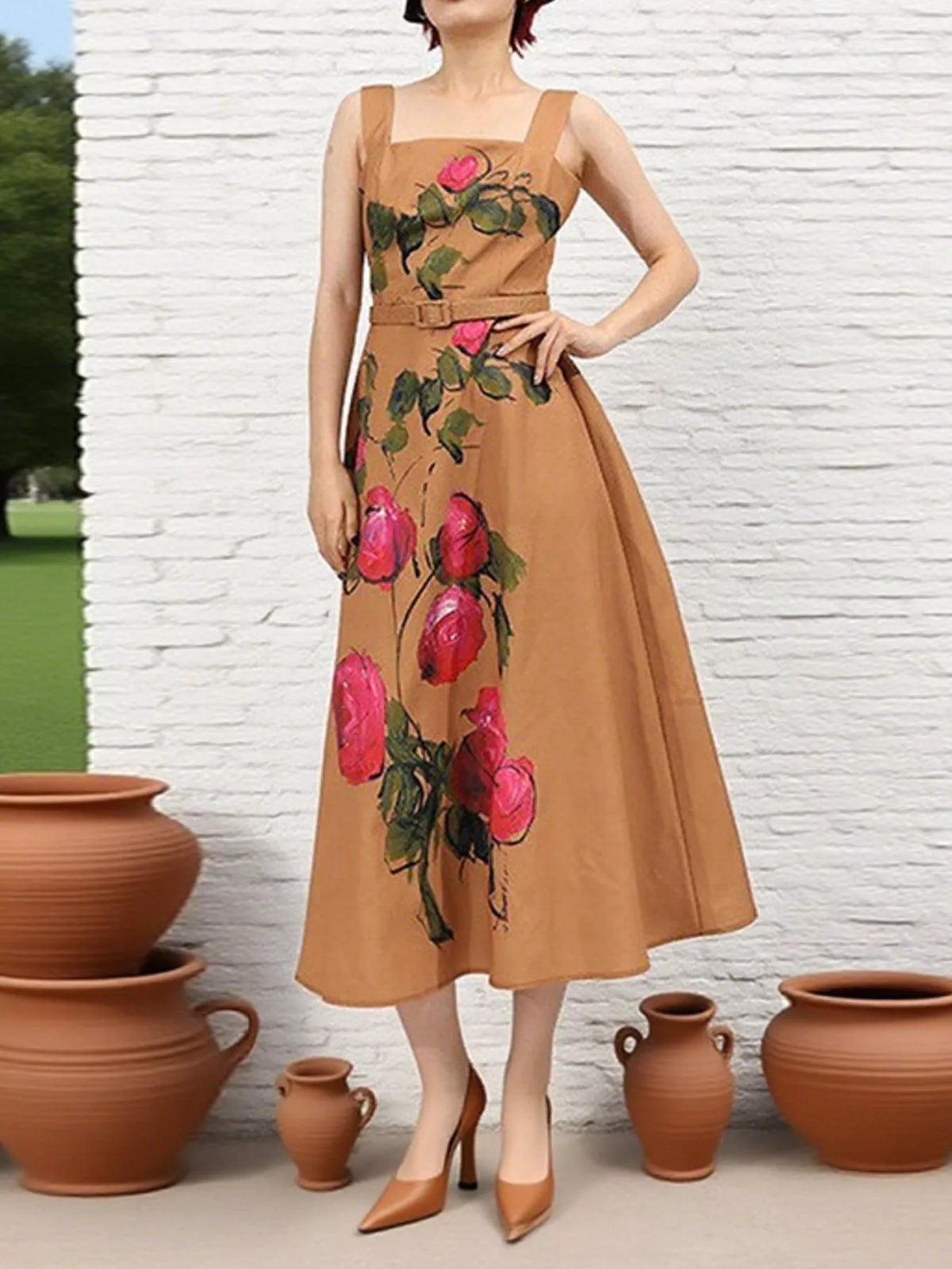Floral Print Square Neck Midi Dress