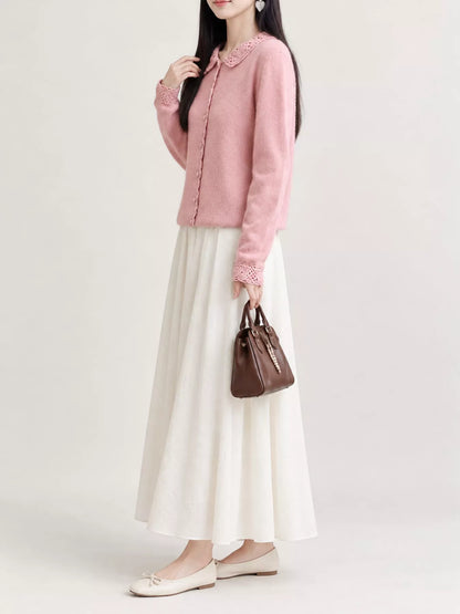 Lace-Collar Button Down Knit Cardigan