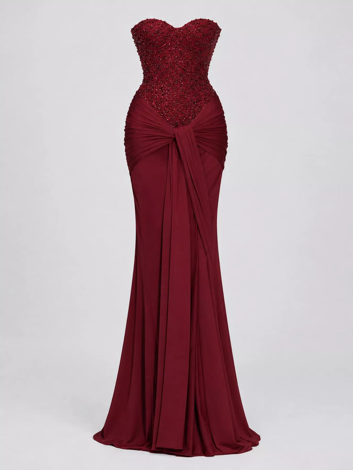 Elegant Strapless Sequin Corset Maxi Dress with Draped Waist Detail