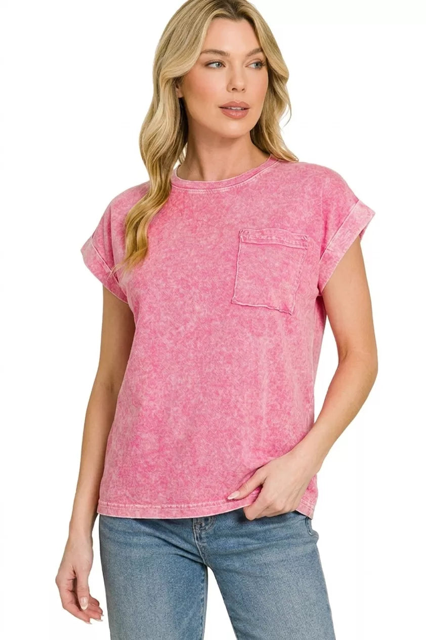 Zenana Halo Snow Washed Cuffed Short Sleeve Tee