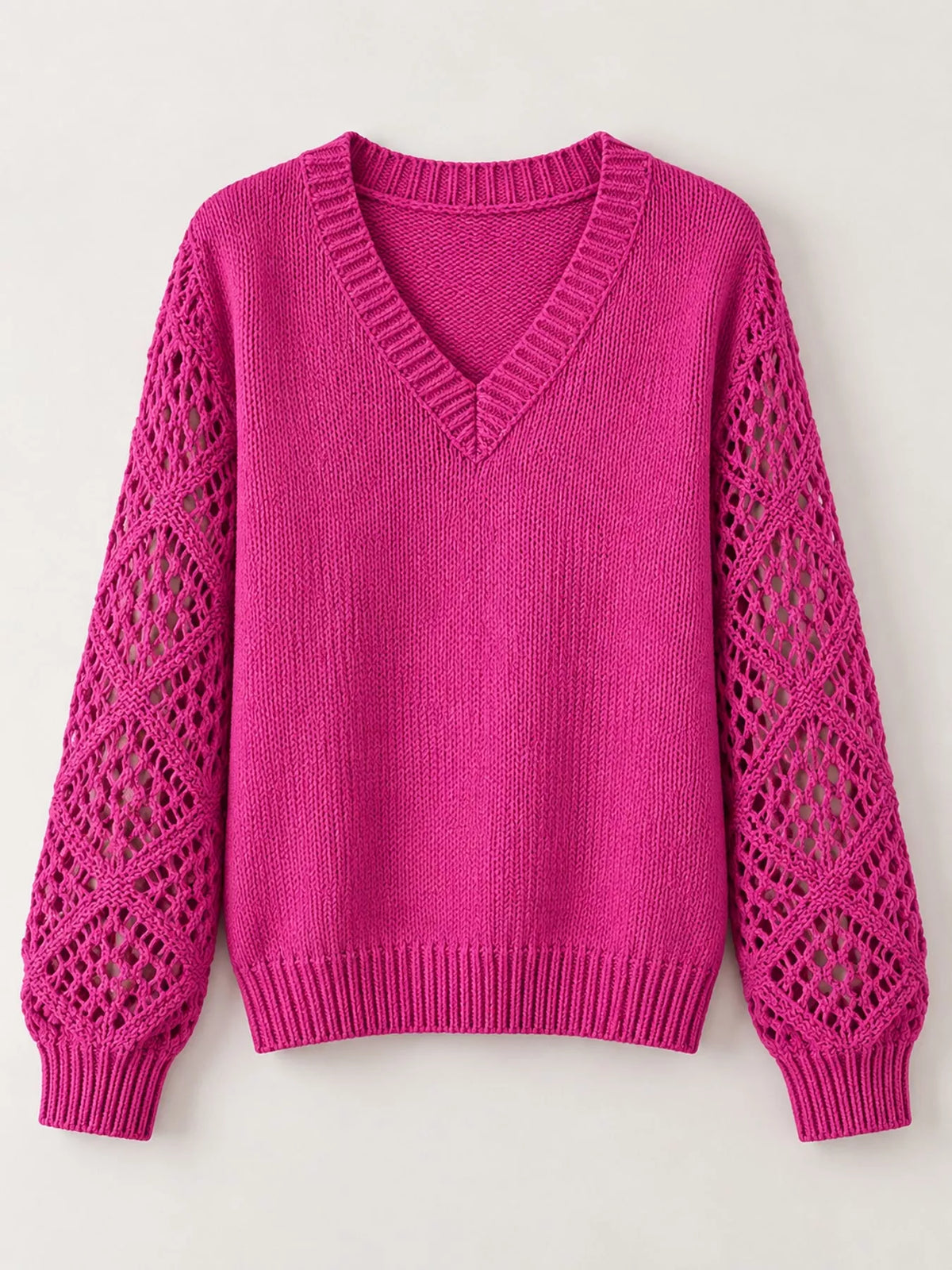 Full Size V-Neck Hollow-Out Long Sleeve Sweater Plus Size