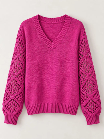 Full Size V-Neck Hollow-Out Long Sleeve Sweater Plus Size