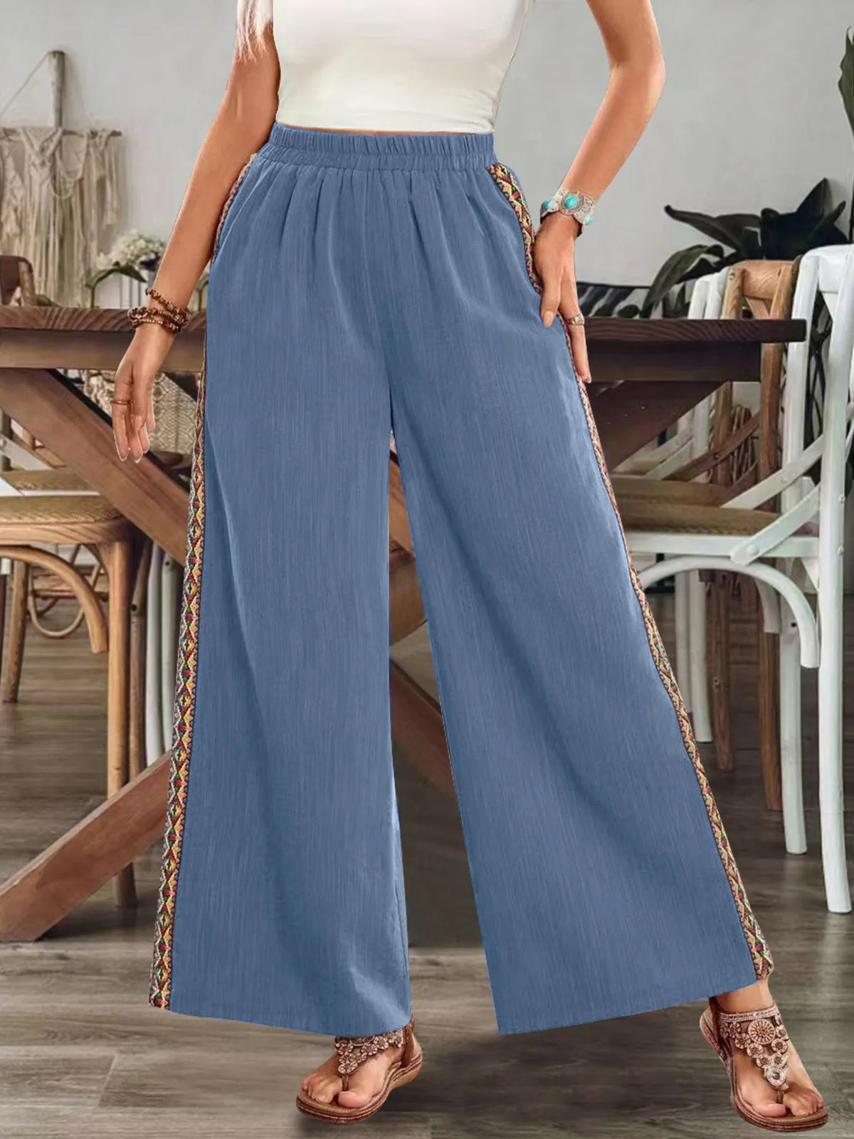 Bohemian Wide Leg Embroidered Side Stripe Pants Royal Blue