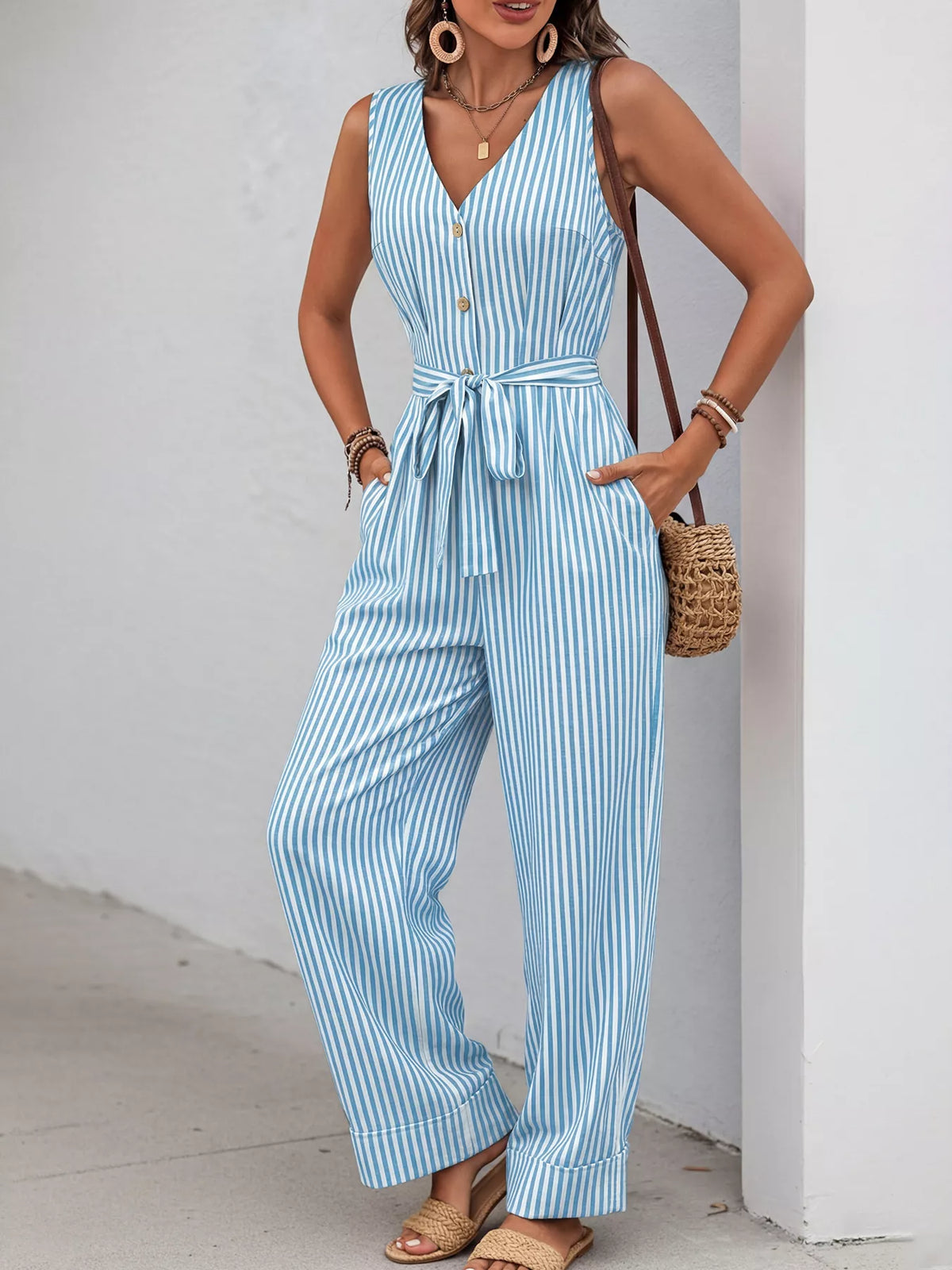 Sleeveless Striped V-Neck Jumpsuit
