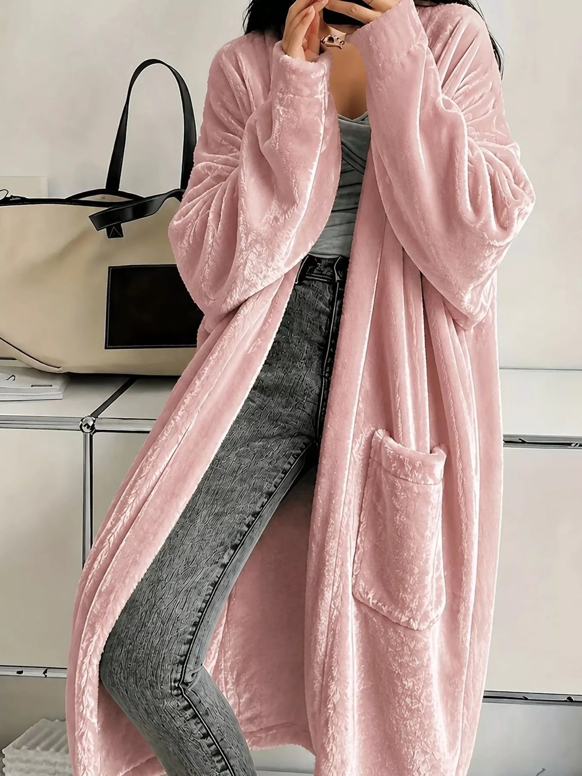Full Size Velvet Open-Front Longline Outerwear Plus Size