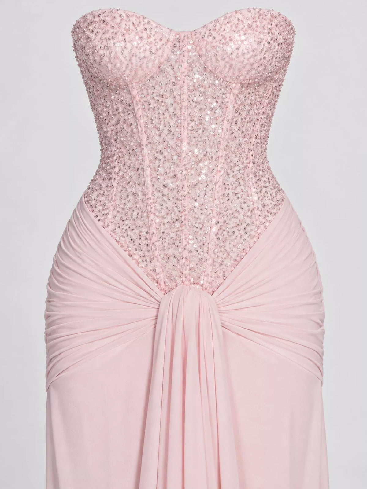 Elegant Strapless Sequin Corset Maxi Dress with Draped Waist Detail