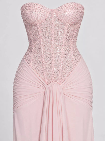 Elegant Strapless Sequin Corset Maxi Dress with Draped Waist Detail