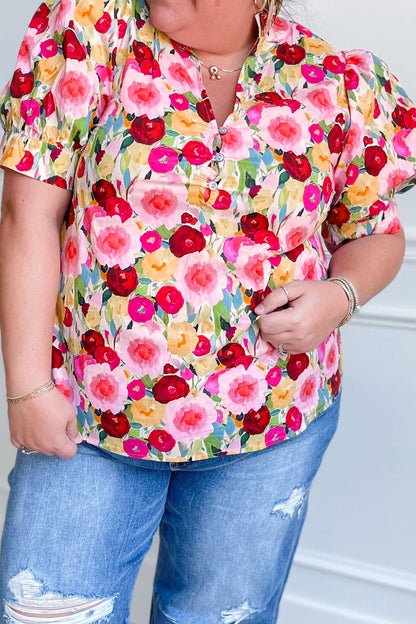 Pink Plus Size Flower Print Split V Neck Puff Short Sleeve Top