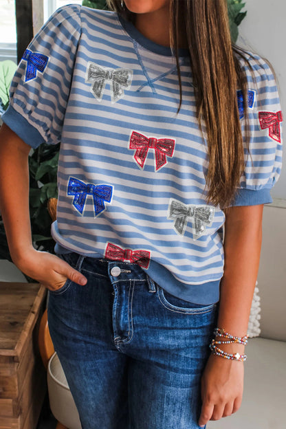 Sky Blue Stripe Patriotic Sequin Bow Graphic Short Puff Sleeve Top