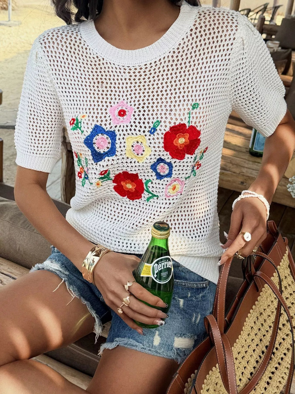 Floral Embroidered Crochet Knit Top
