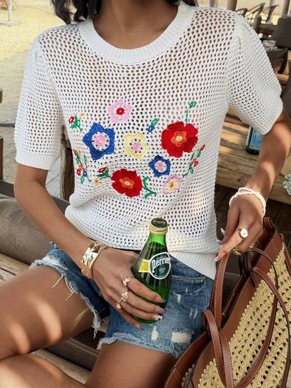 Floral Embroidered Crochet Knit Top