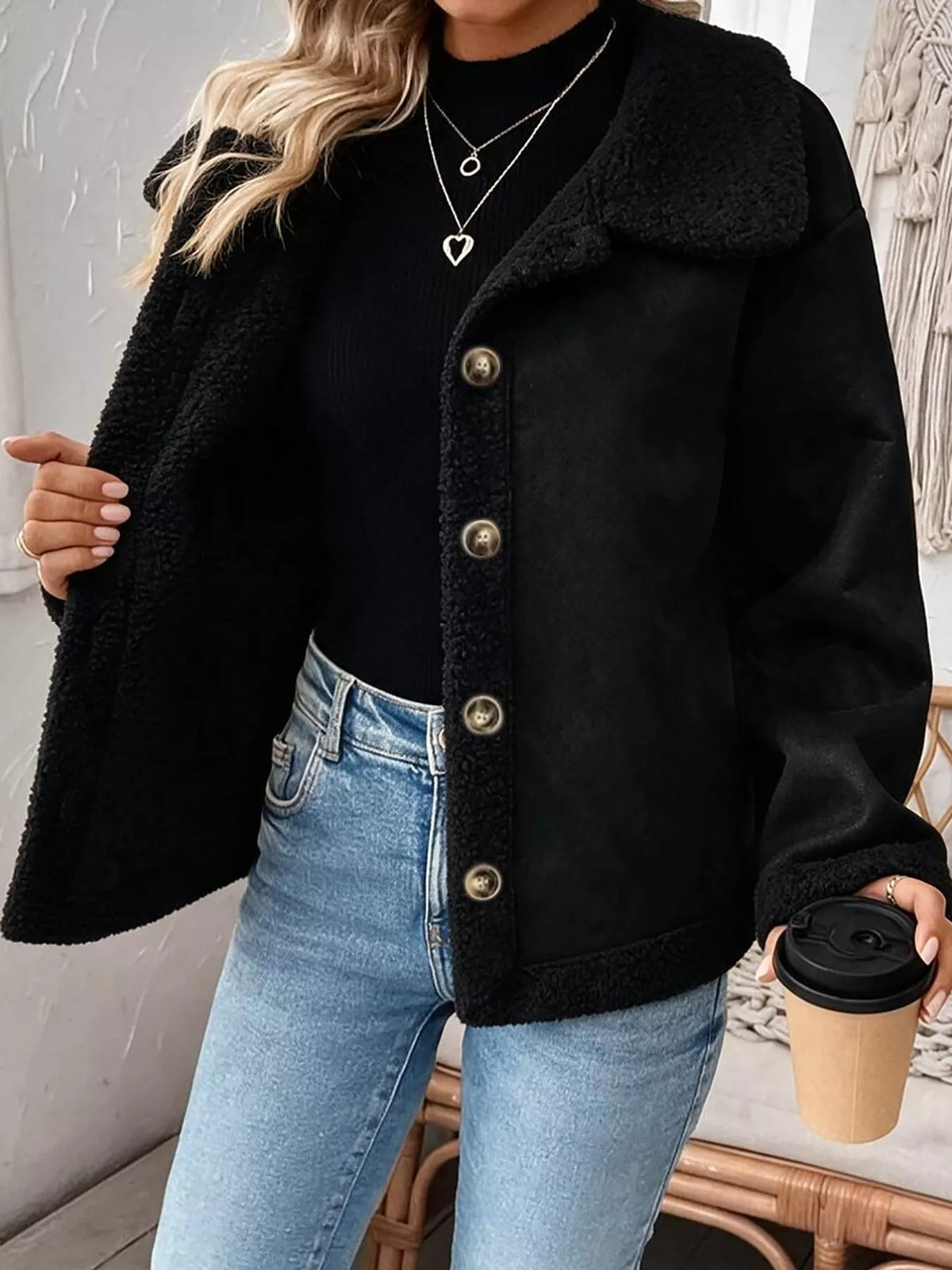 Full Size Cozy Faux Suede Sherpa-Lined Button-Down Jacket Plus Size