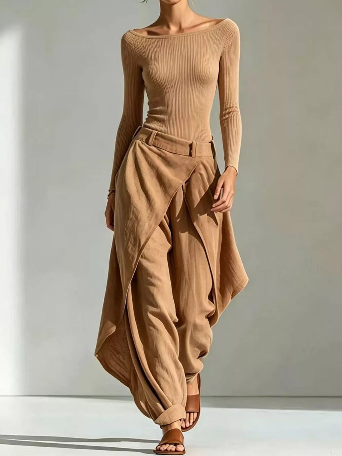 Boat Neck Long-Sleeve Top and Wrap Wide-Leg Pant Set
