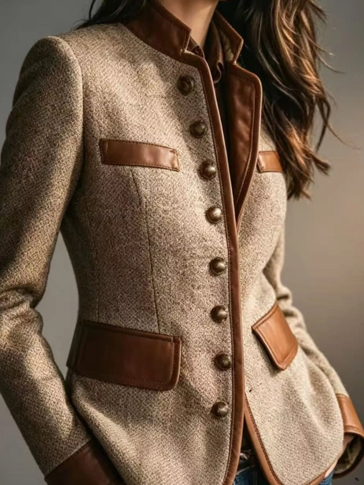 Plus Size Contrast Trim Tweed Jacket for Women