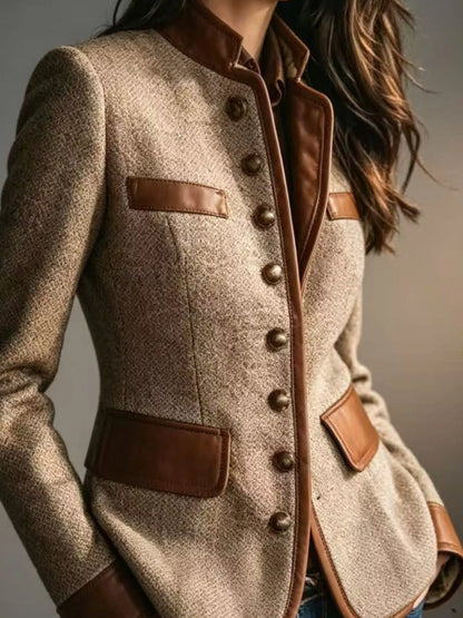 Plus Size Contrast Trim Tweed Jacket for Women