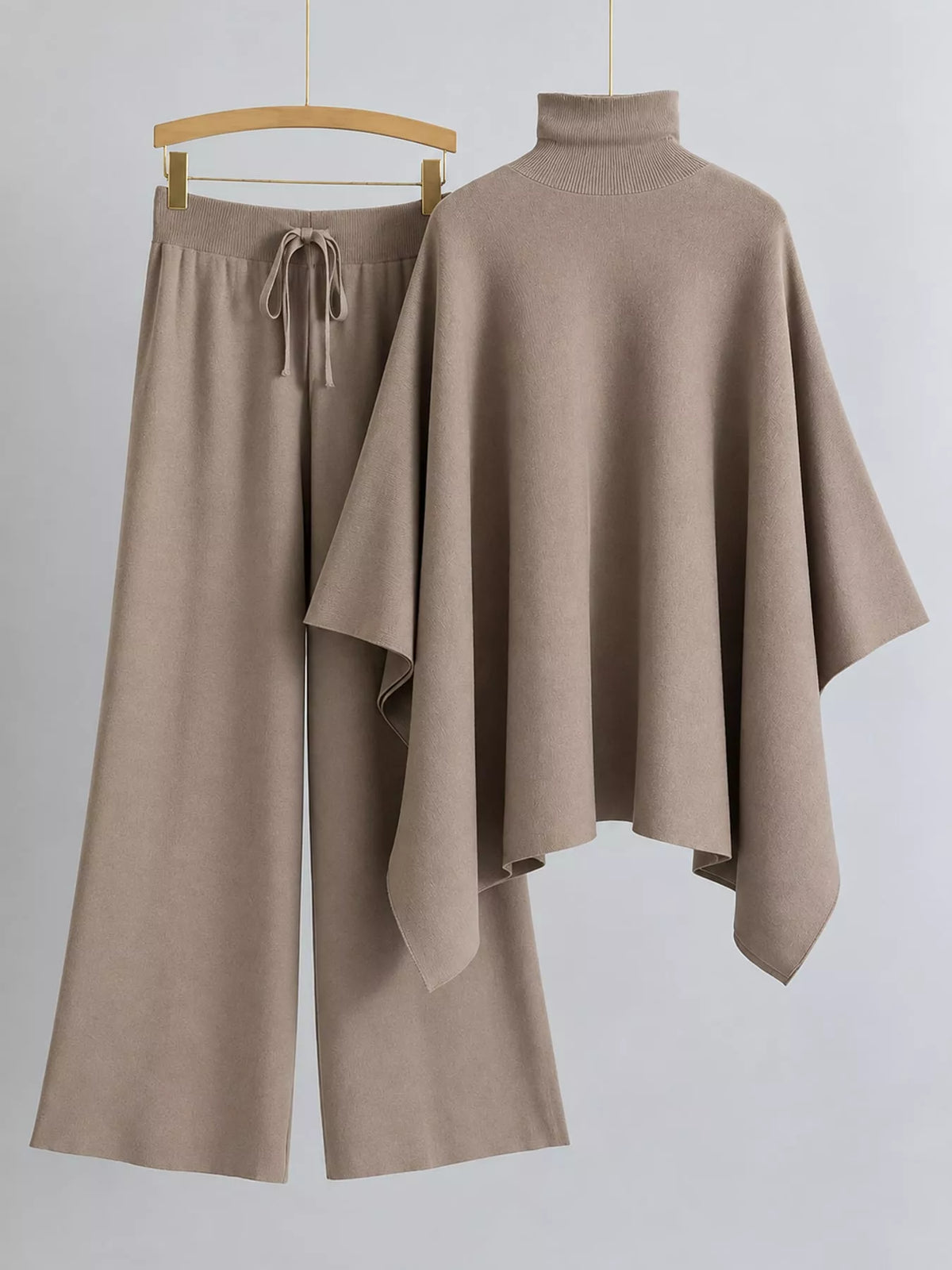Turtleneck Poncho Pants Set with Wide-Leg Knit Pants