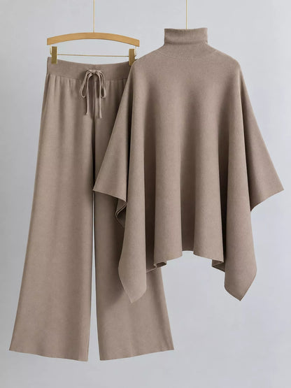 Turtleneck Poncho Pants Set with Wide-Leg Knit Pants