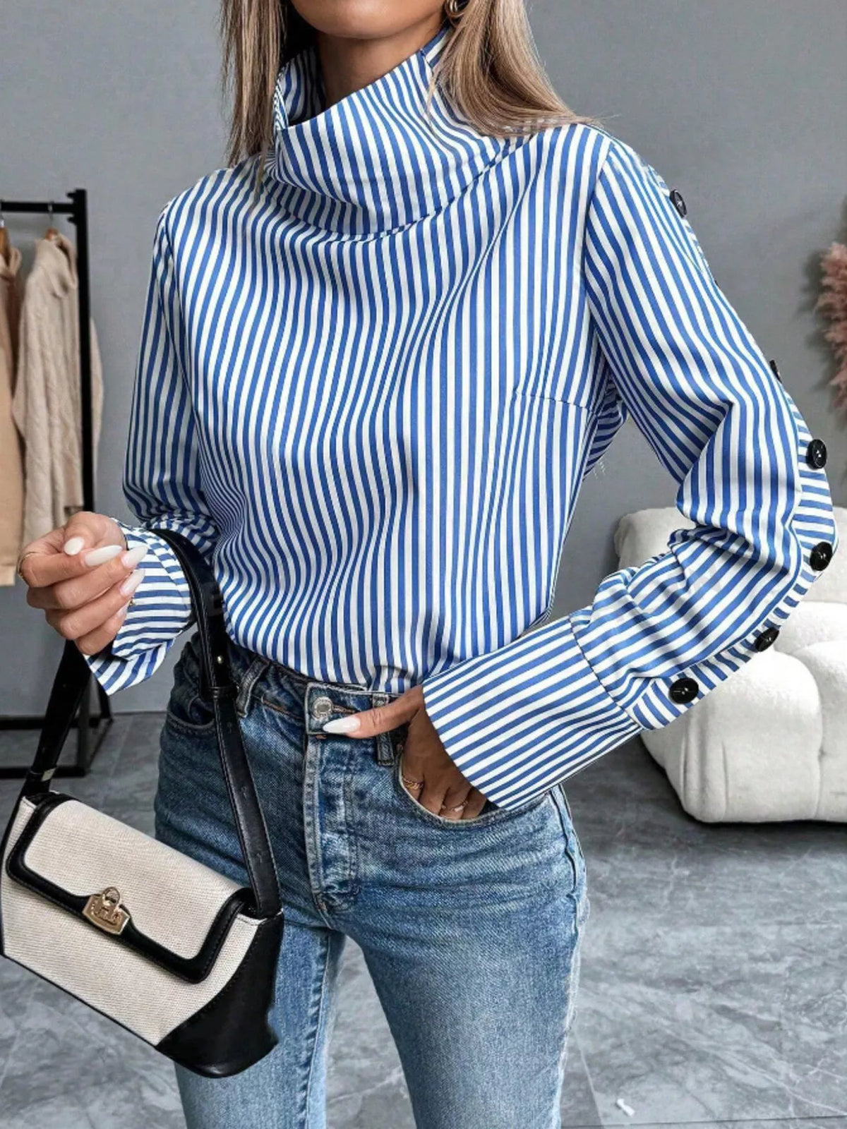 Striped Turtleneck Long Sleeve Blouse