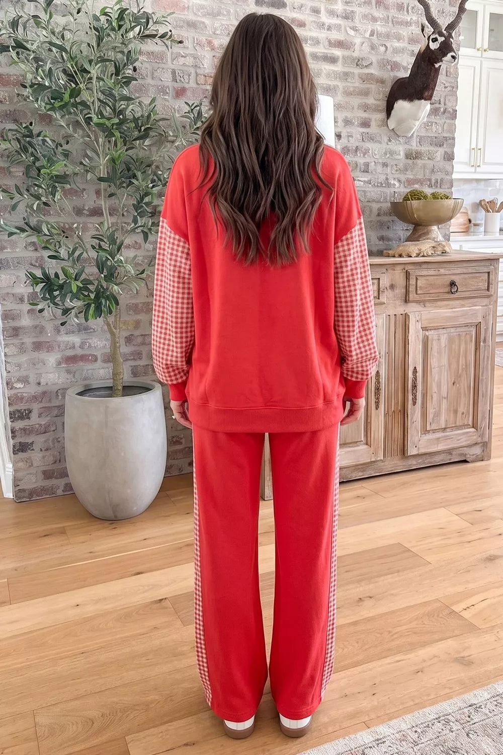 Plaid Contrast Long Sleeve Top And Wide Leg Pants Set