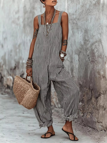 Full Size Striped Square Neck Wide Leg Jumpsuit Plus Size