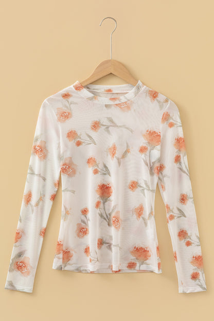 Casual Round Neck Floral Print Mesh Long Sleeve Top