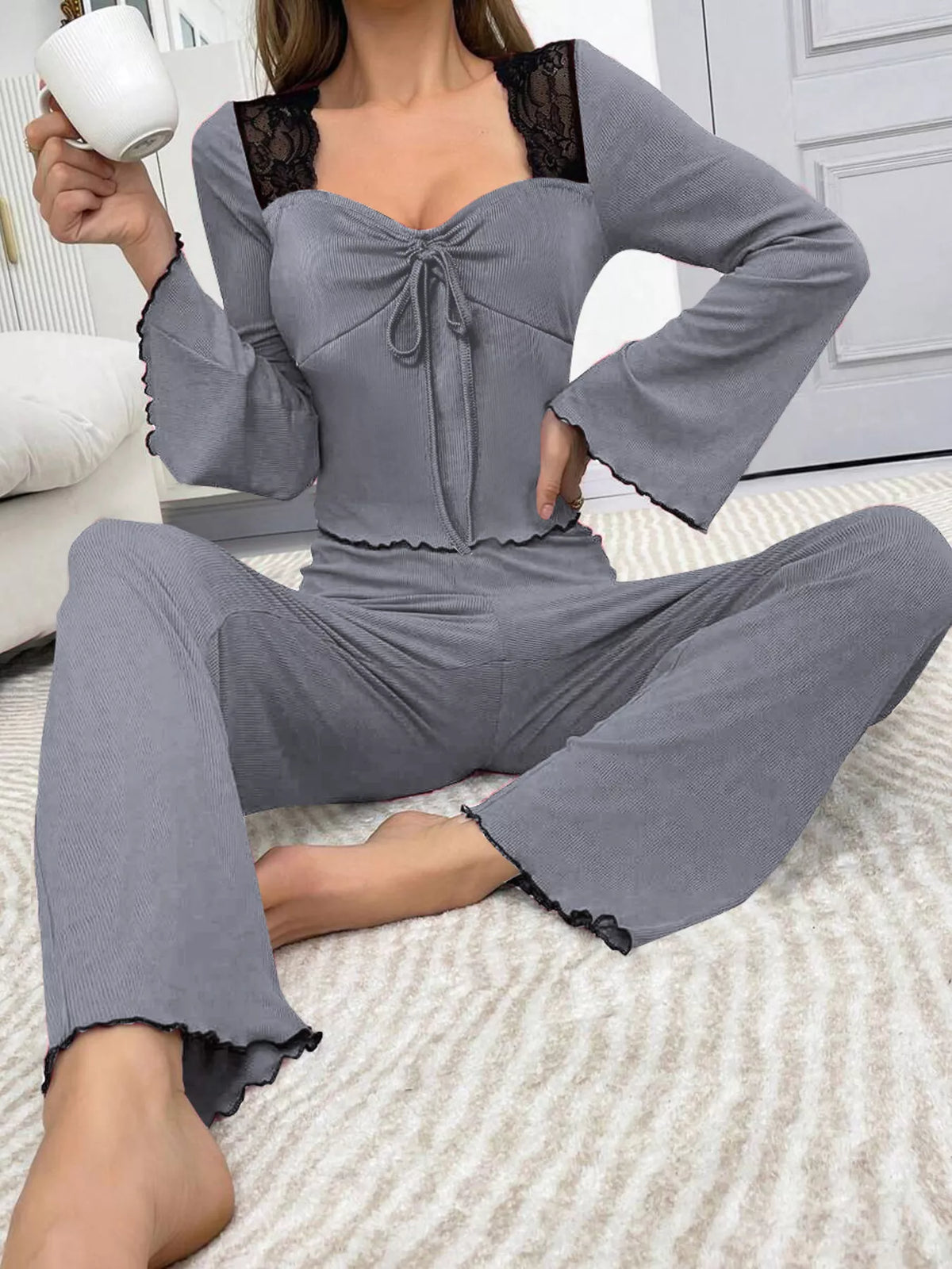 Lace Detail Flare Sleeves Top and Pants Lounge Set
