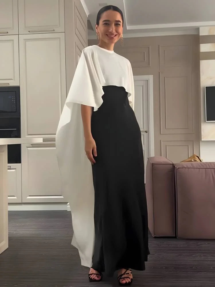 Contrast Shawl Crewneck Two-Piece Slip Skirt Set