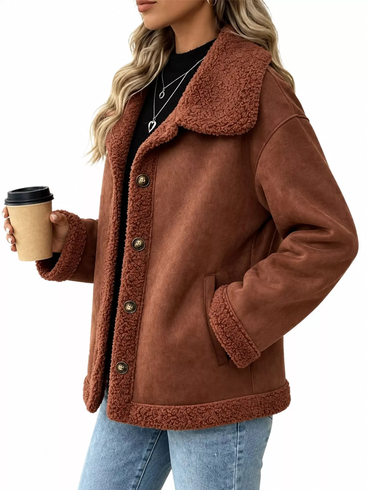 Full Size Cozy Faux Suede Sherpa-Lined Button-Down Jacket Plus Size