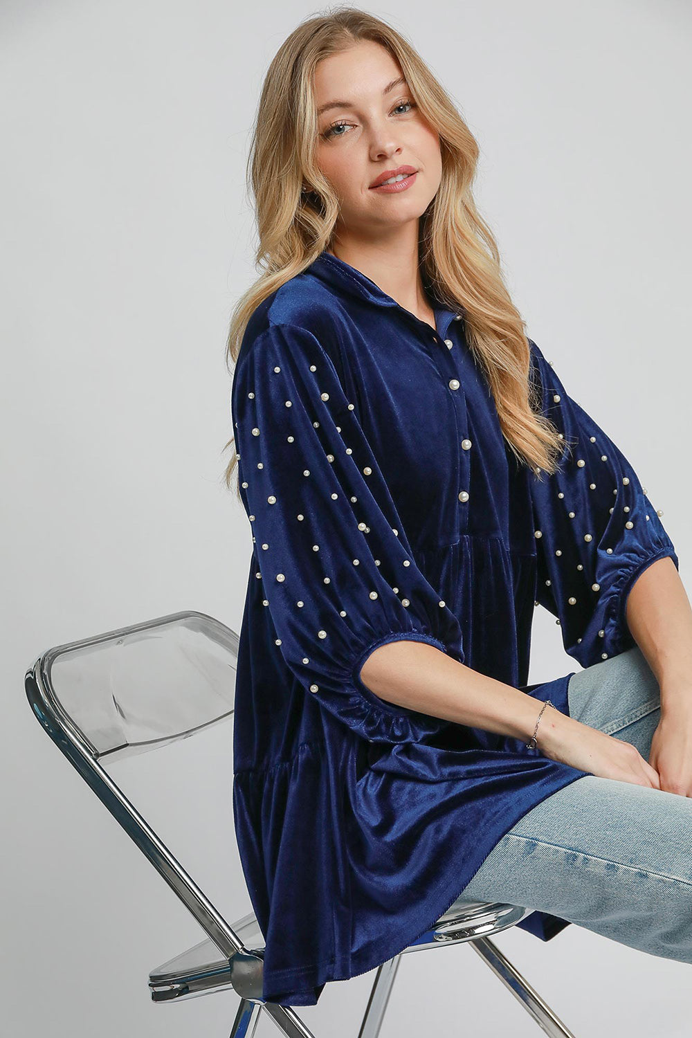 | Umgee Pearl Detail Collared Neck Velvet Babydoll Blouse