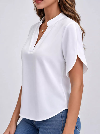 Notched Slit Short Sleeve Blouse