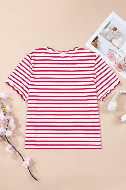 Red Stripe Scalloped Trim Round Neck T Shirt