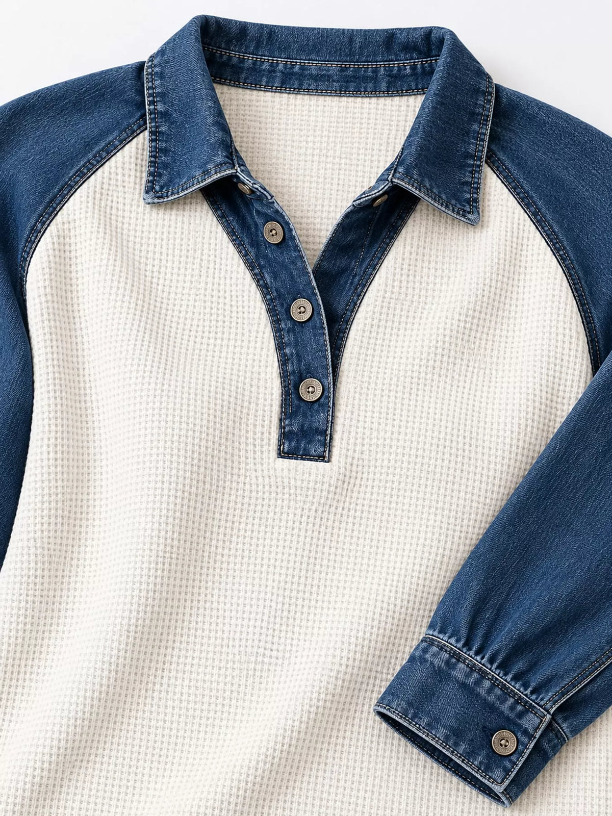 Full Size Waffle Knit Denim Patchwork Button Detail Blouse Plus Size