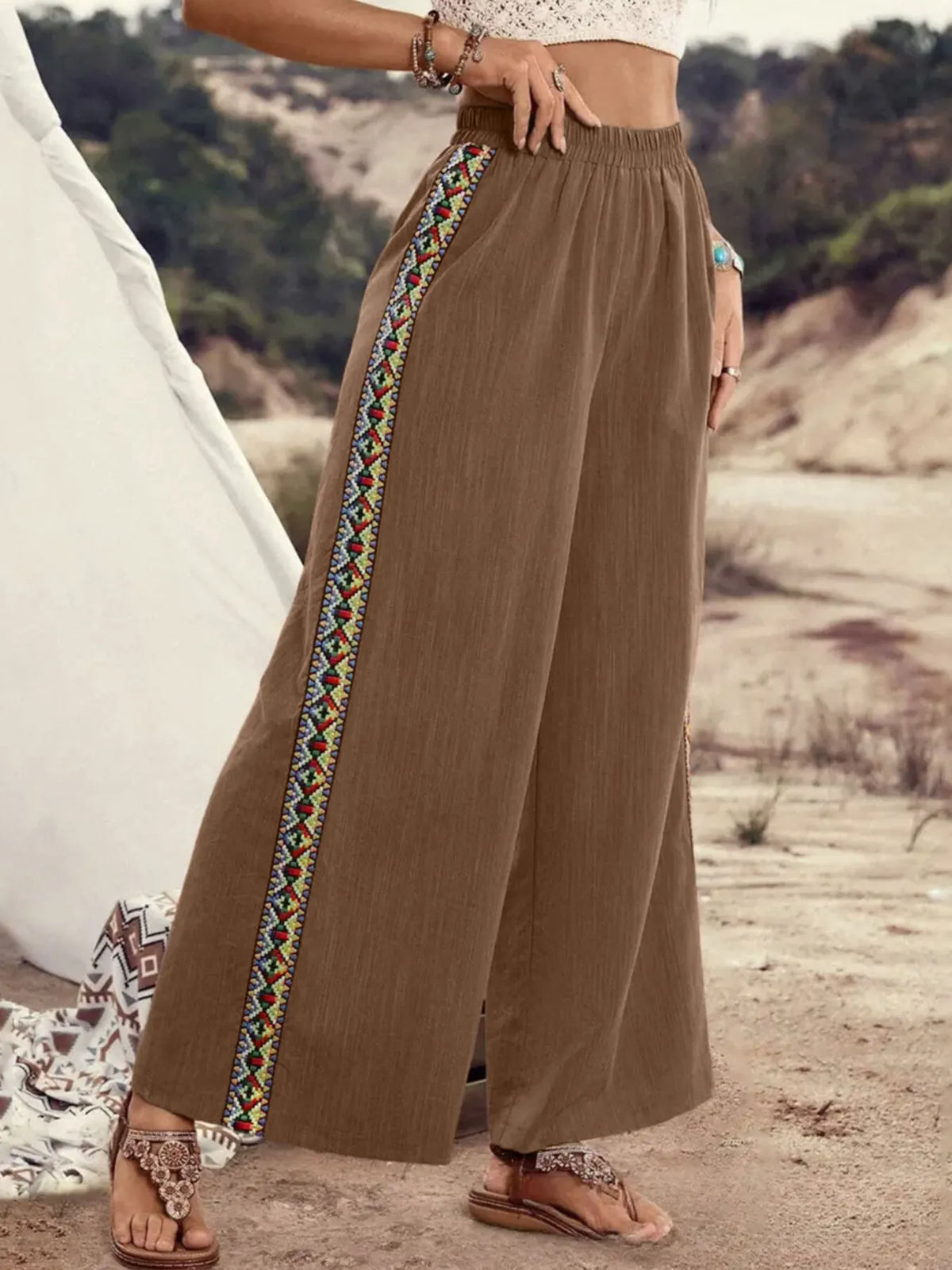 Bohemian Wide Leg Embroidered Side Stripe Pants Brown