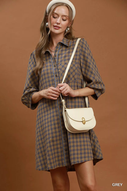 Umgee Plaid Button Down Oversized Shirt Dress