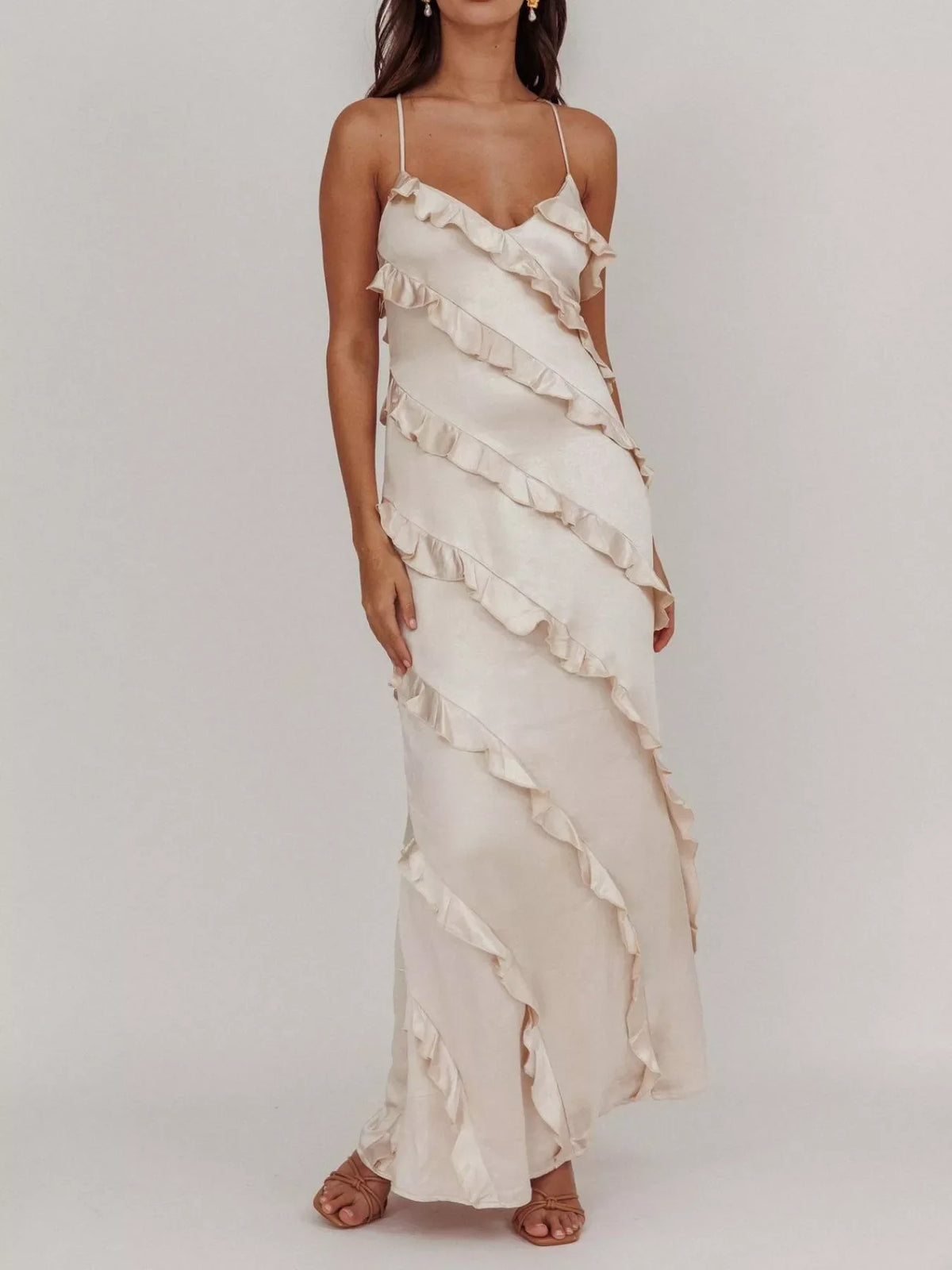 Spaghetti Strap Ruffled Maxi Dress for Women | Flowy Summer Dress with Zipper | Elegant Vacation & Evening Dress