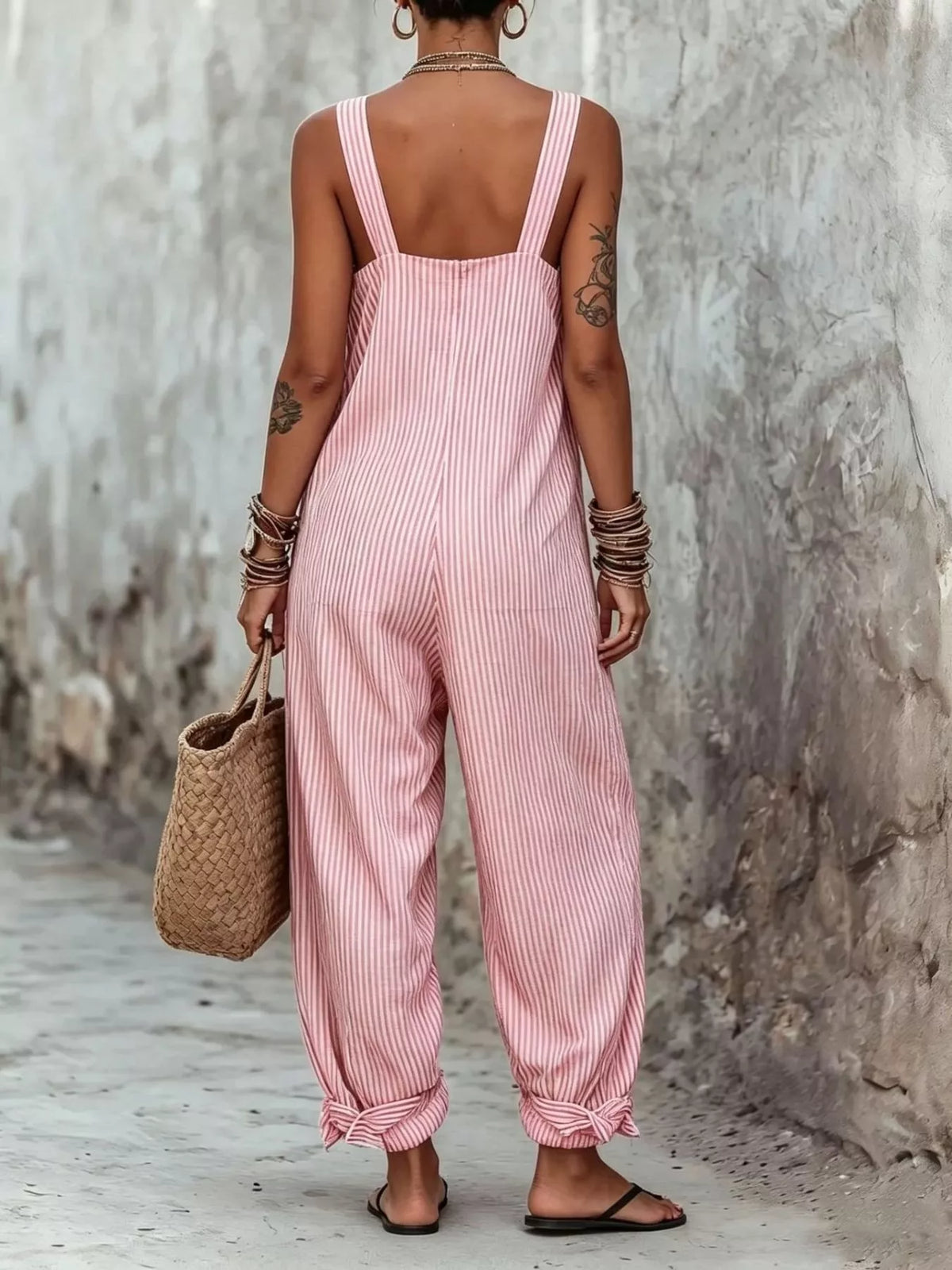 Full Size Striped Square Neck Wide Leg Jumpsuit Plus Size