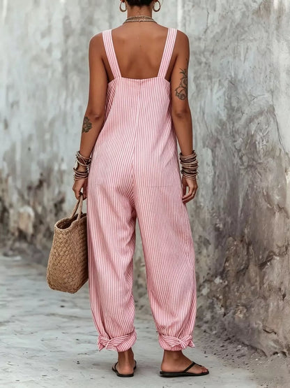Full Size Striped Square Neck Wide Leg Jumpsuit Plus Size