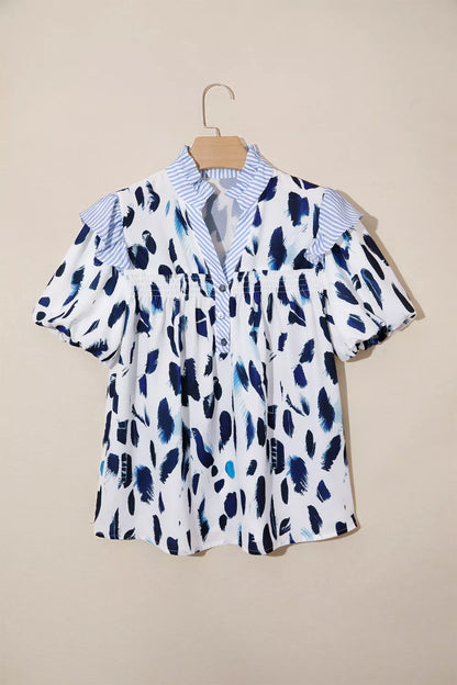 Abstract Animal Print Striped Ruffle Trim V Neck Blouse