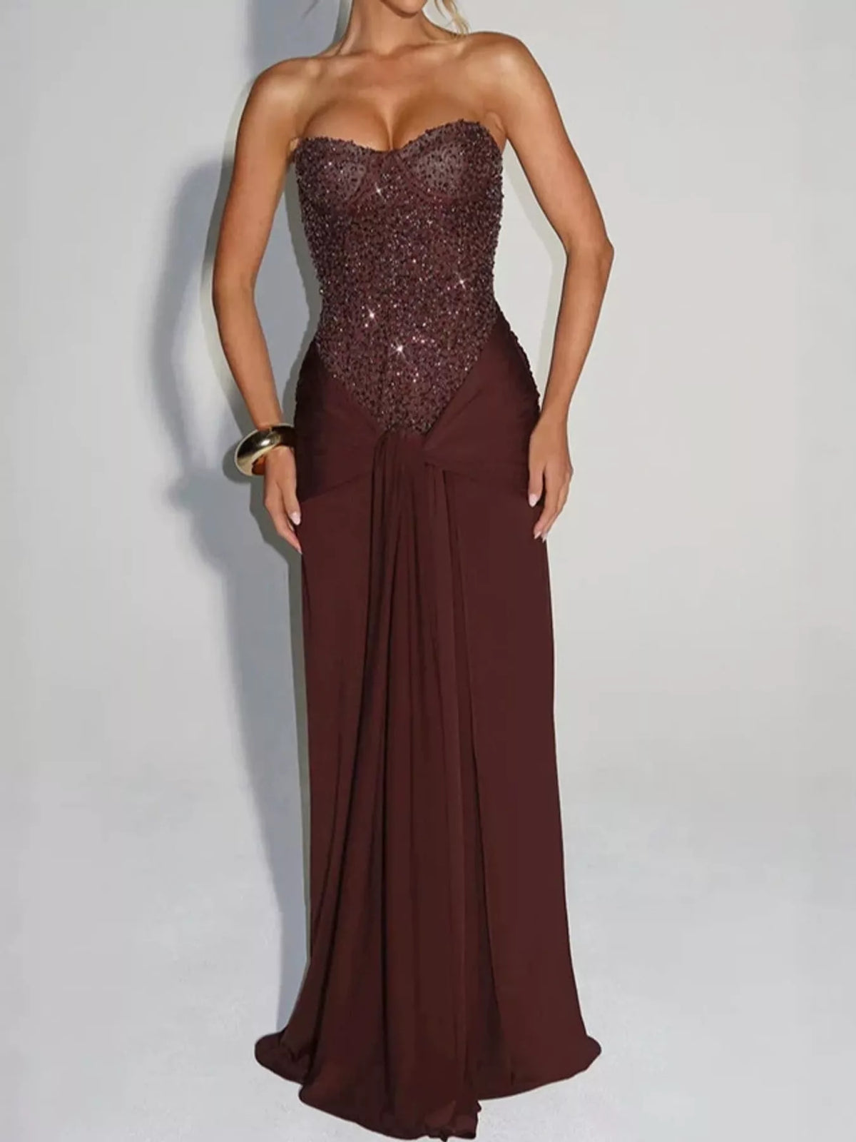 Elegant Strapless Sequin Corset Maxi Dress with Draped Waist Detail