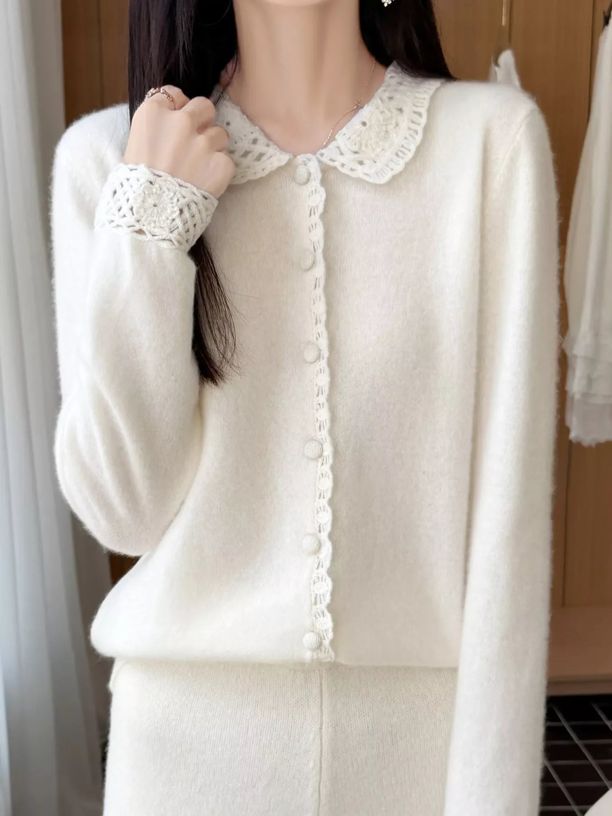 Lace-Collar Button Down Knit Cardigan