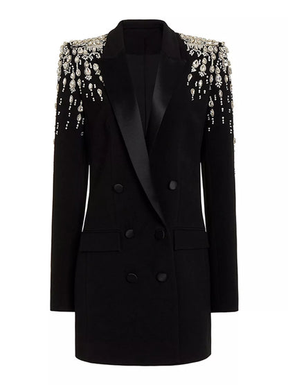 Full Size Rhinestone Shoulder Double-Breasted Blazer Plus Size