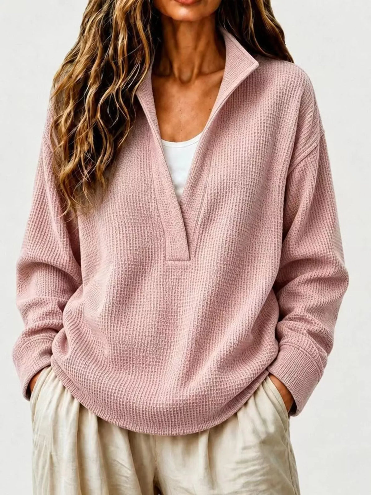 Full Size Waffle Knit Dropped Shoulder Sweatshirt Plus Size