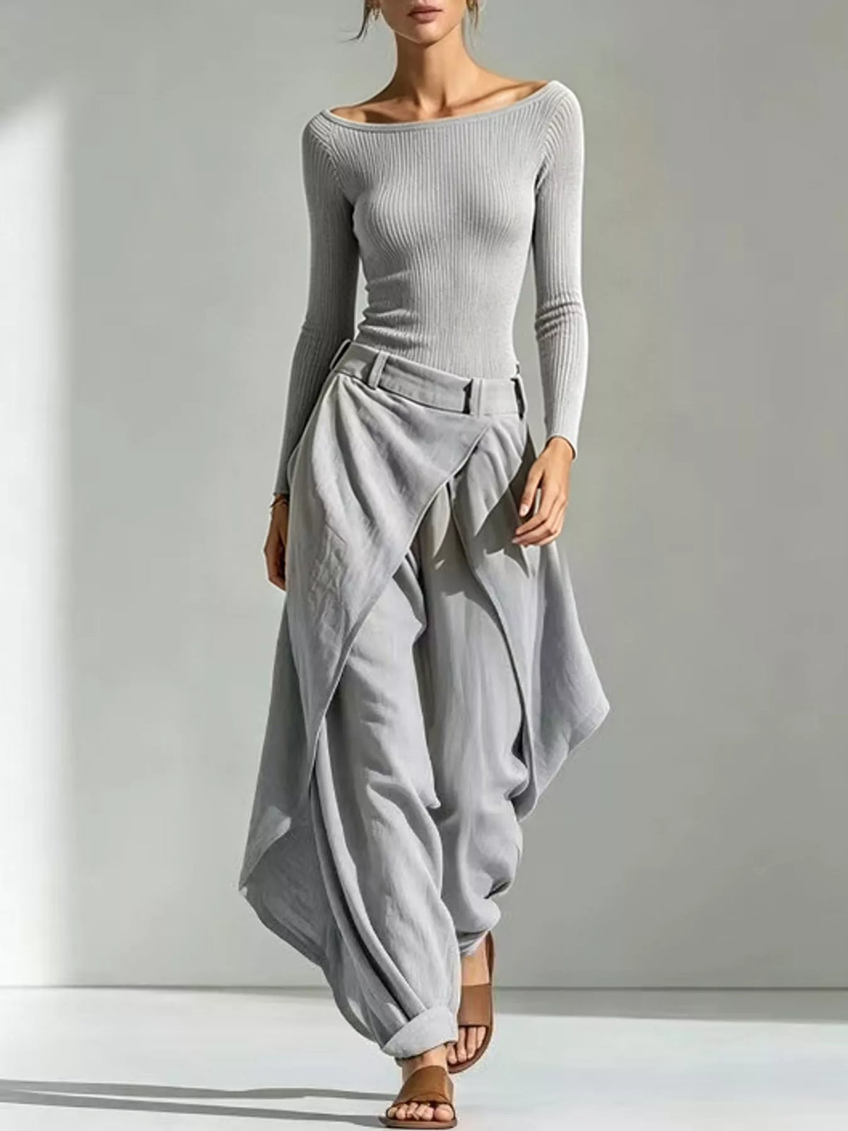 Boat Neck Long-Sleeve Top and Wrap Wide-Leg Pant Set